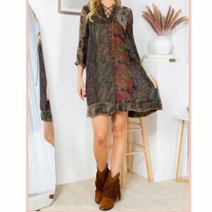 Young Threads Velvet Patchwork Dress Size Small Boho Lined Babydoll Stone Washed